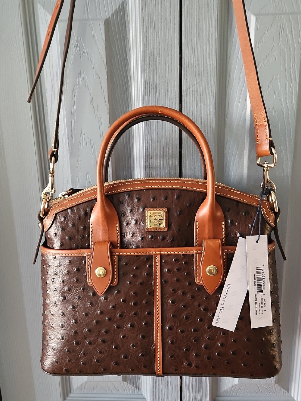 Dooney & Bourke Brown Tmoro Ostrich-Embossed Leather Domed Satchel